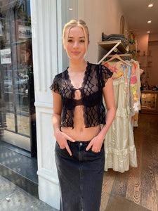 Embroidered Lace Tie Front Cropped Tee in Black