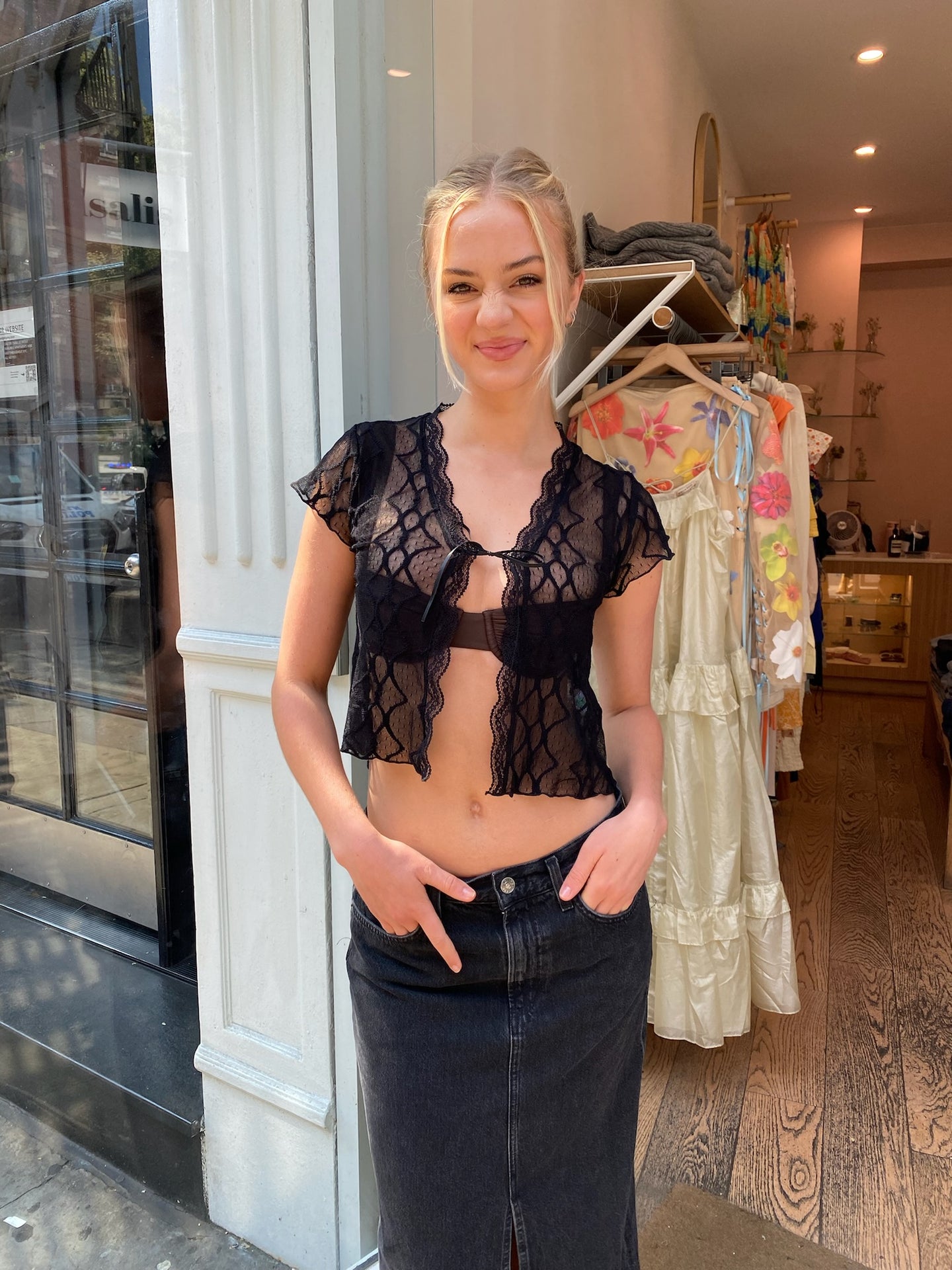 Embroidered Lace Tie Front Cropped Tee in Black