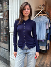 Korey Fitted Rib Cardigan w/Splayed Hem in Navy