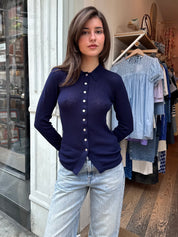 Korey Fitted Rib Cardigan w/Splayed Hem in Navy