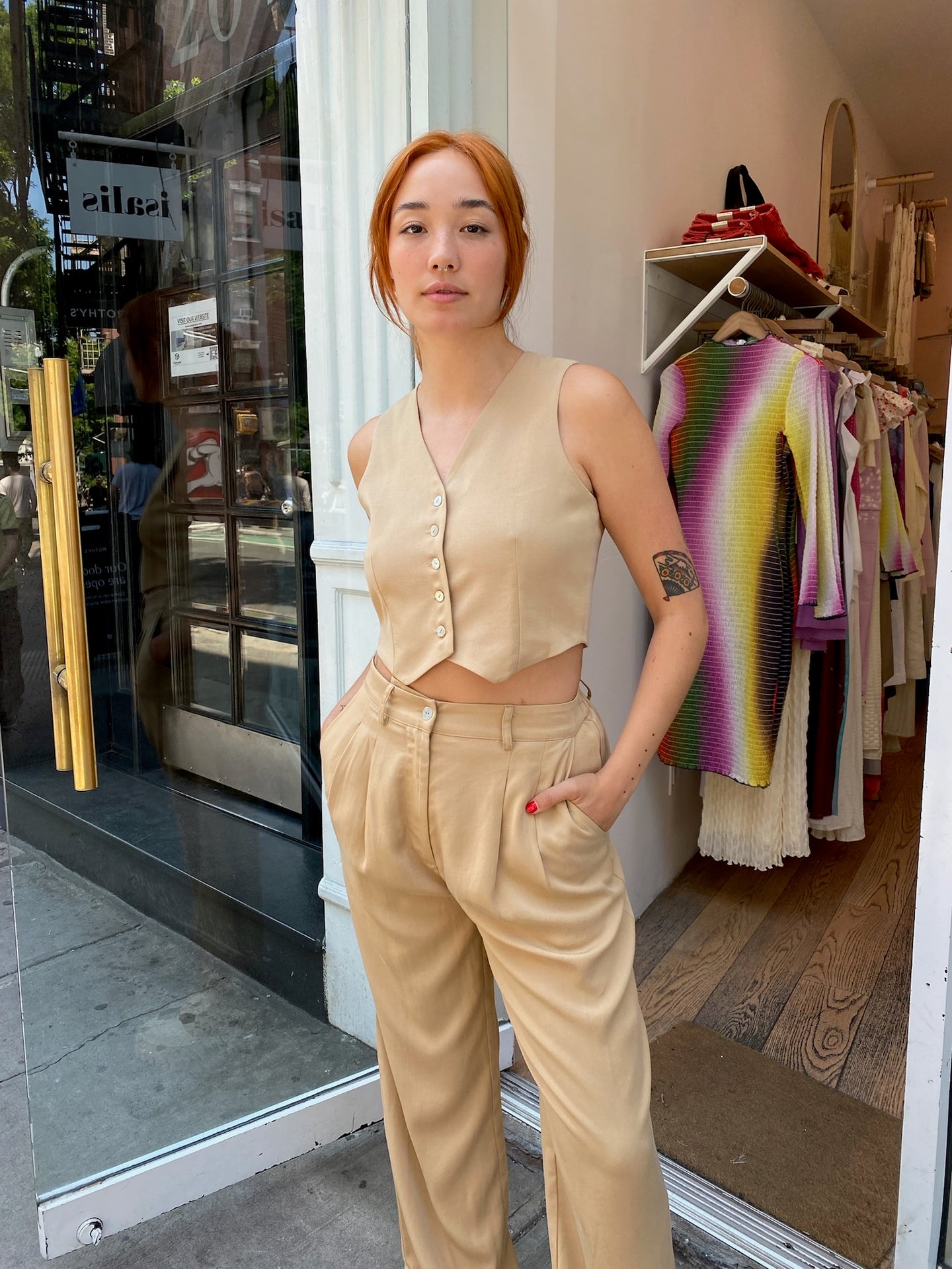 Twill Cropped Vest in Sand