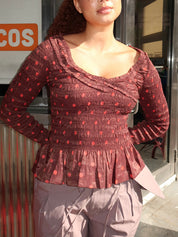Suri Shirred Sheer Blouse in Burgundy Spot