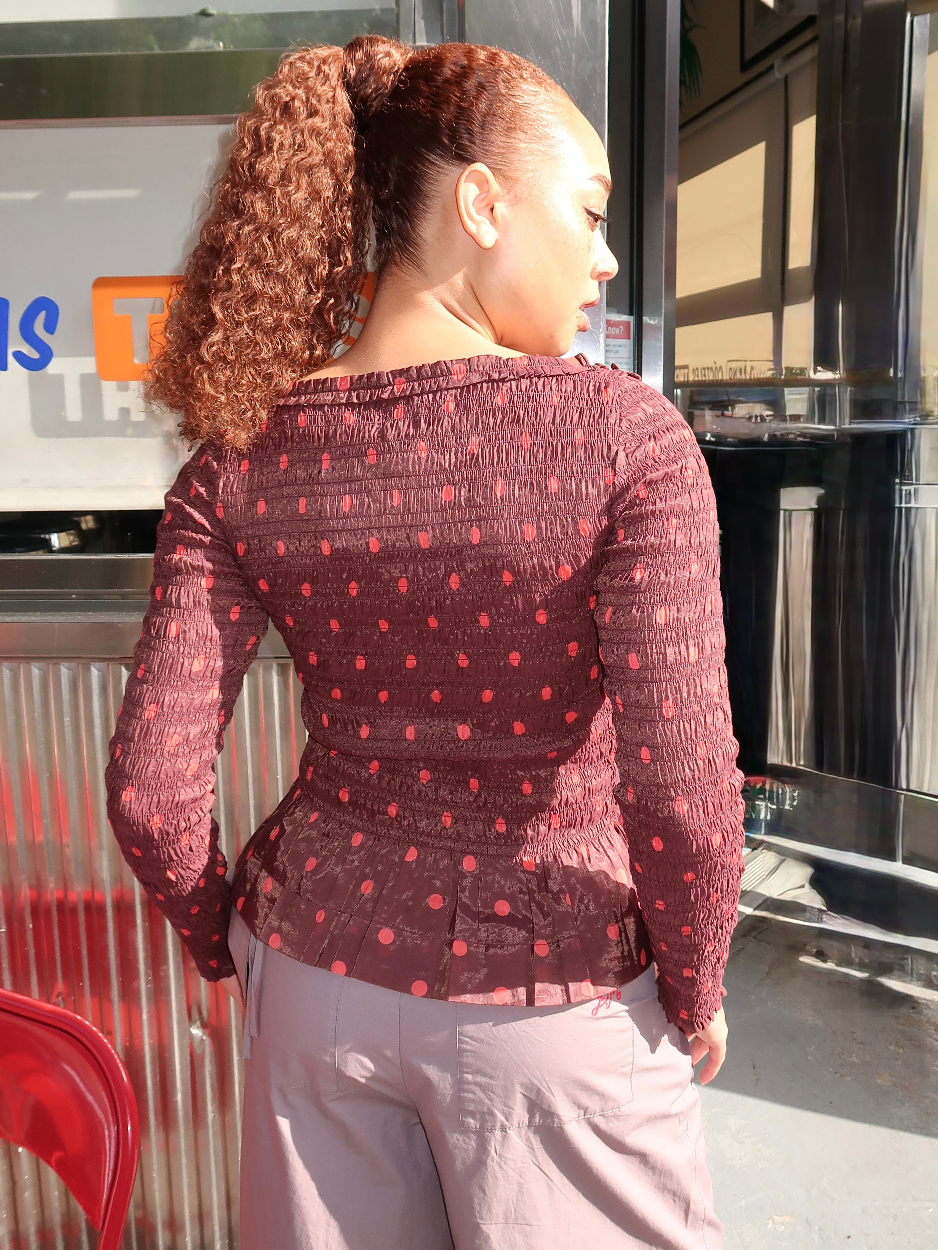 Suri Shirred Sheer Blouse in Burgundy Spot – Isalis