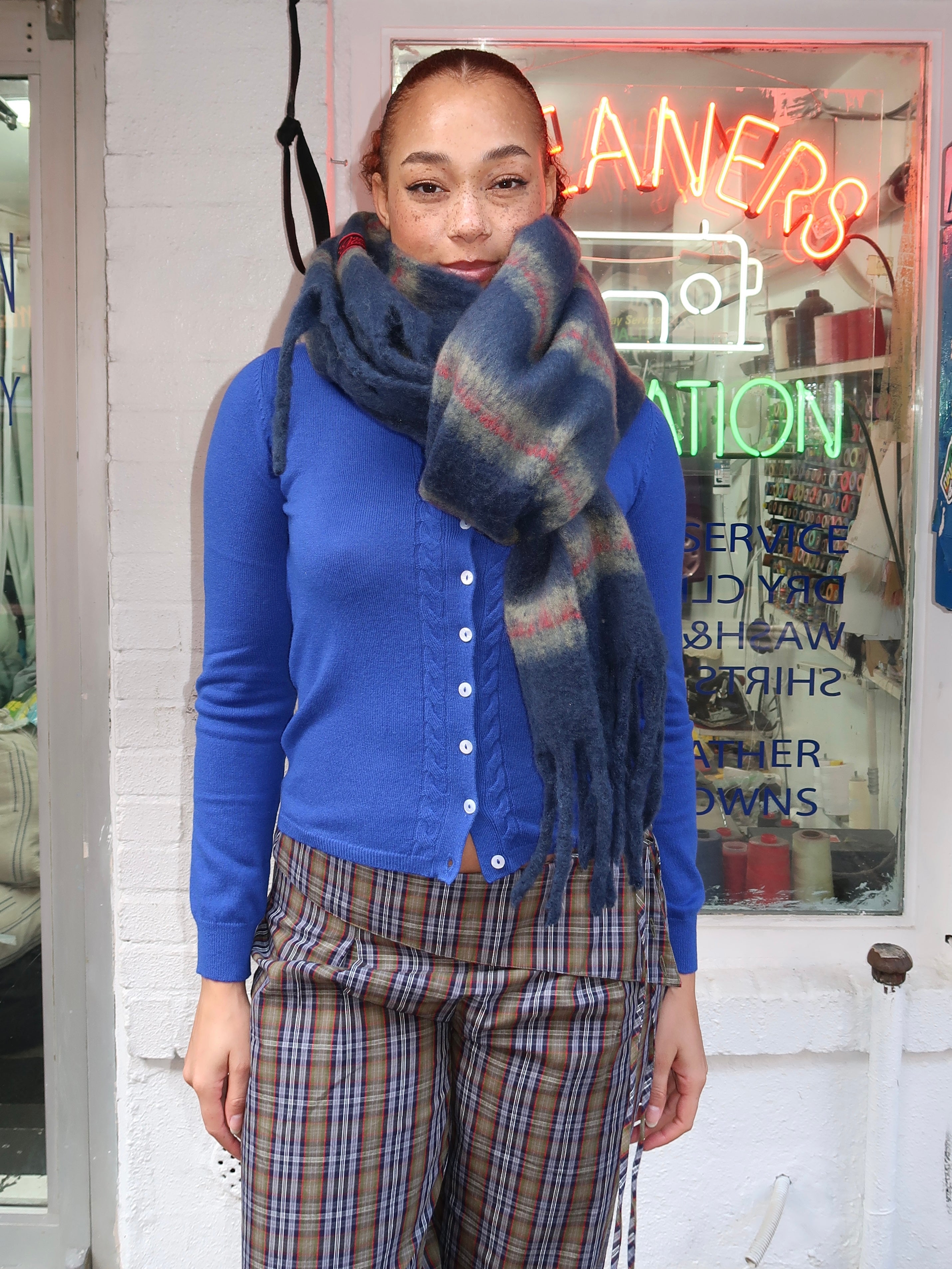 Brushed Oversized Scarf in Choc Blue Stripe