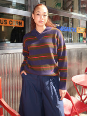 Odette V-Neck Jumper in Olive Navy Stripe