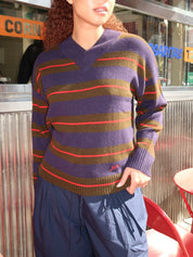 Odette V-Neck Jumper in Olive Navy Stripe