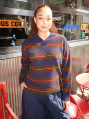 Odette V-Neck Jumper in Olive Navy Stripe