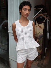 Anna Peplum Openwork Sweater Tank in White