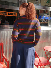 Odette V-Neck Jumper in Olive Navy Stripe