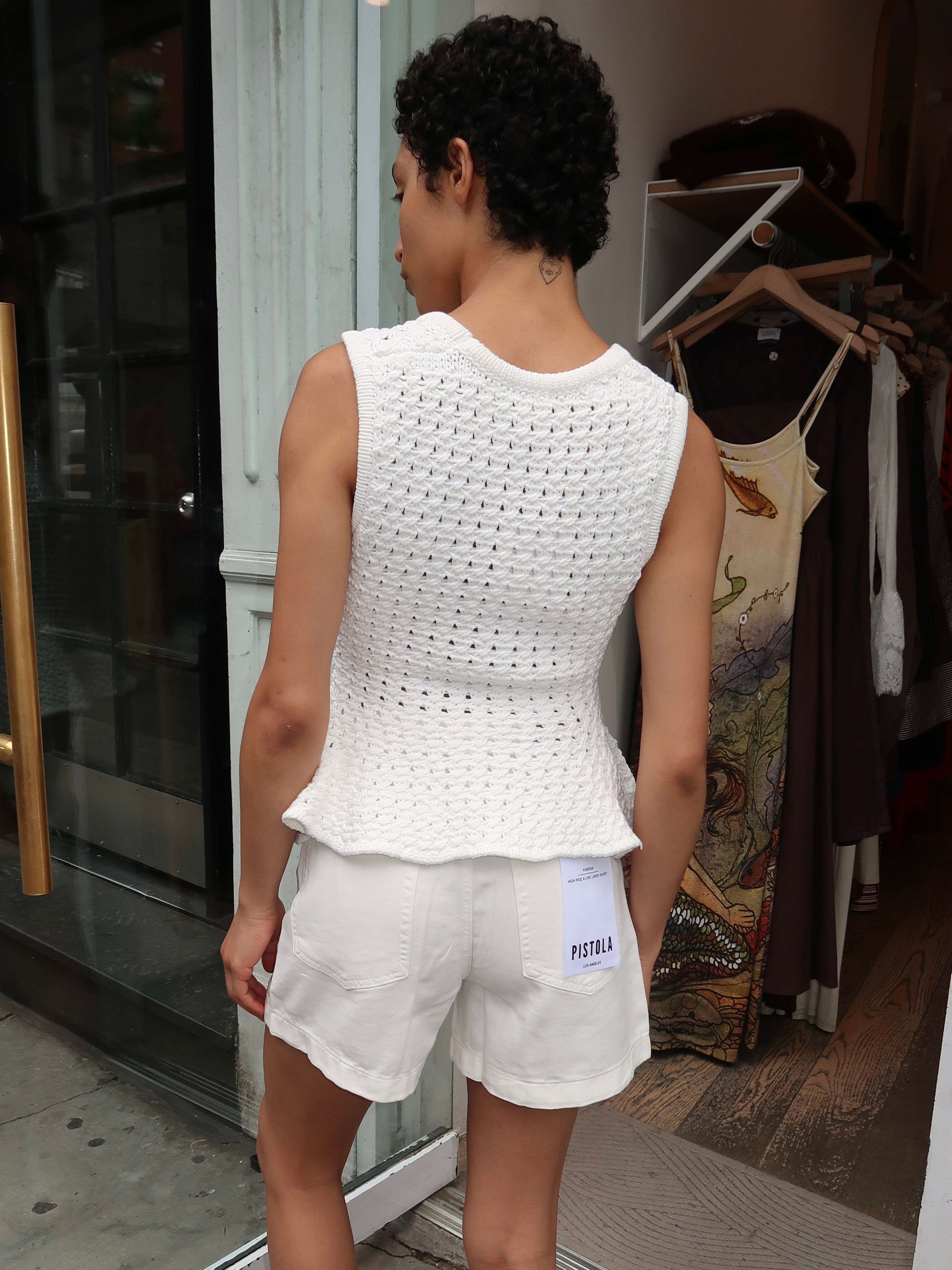 Anna Peplum Openwork Sweater Tank in White