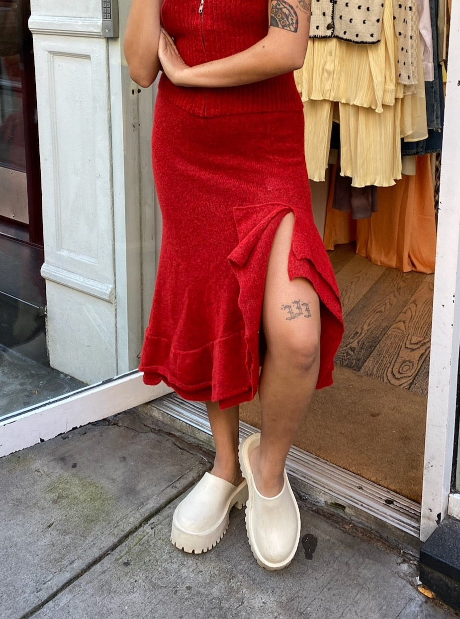 Davina Alpaca Blend Ruffle Skirt in Red