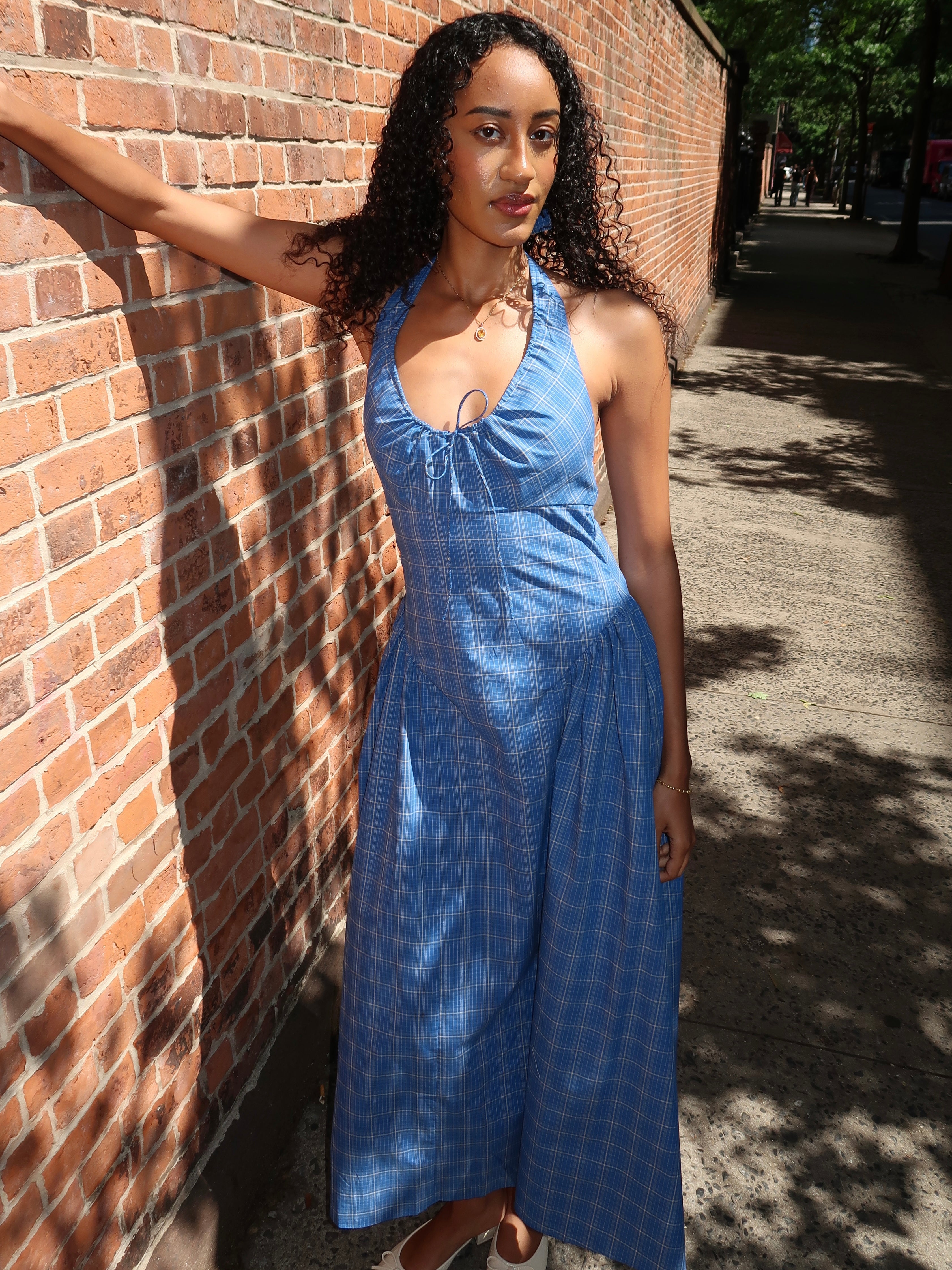 Del Ros Midi Dress in Flor Check Cobalt