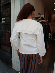 Cross Flower Embroidered Blouse in White