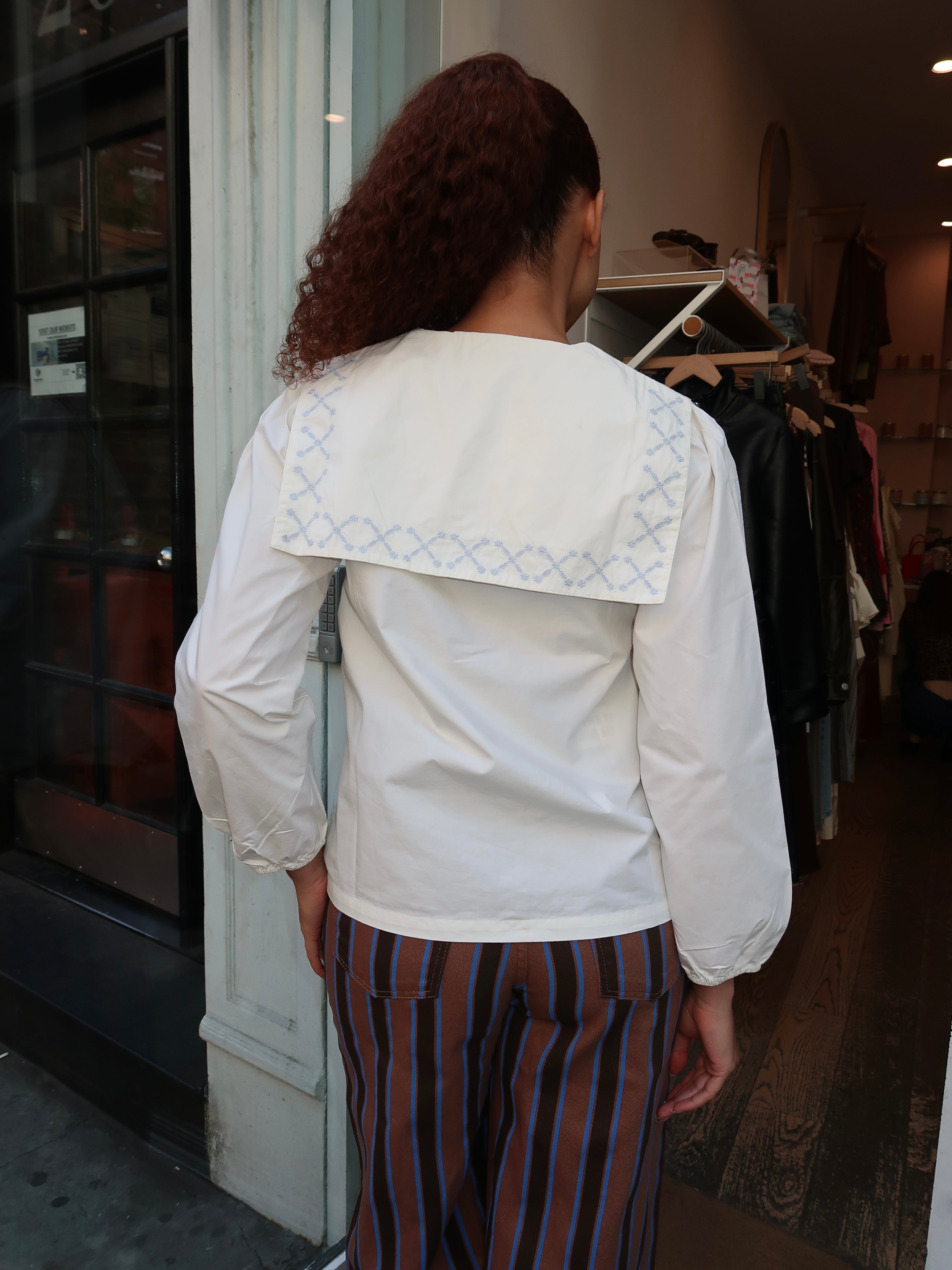 Cross Flower Embroidered Blouse in White