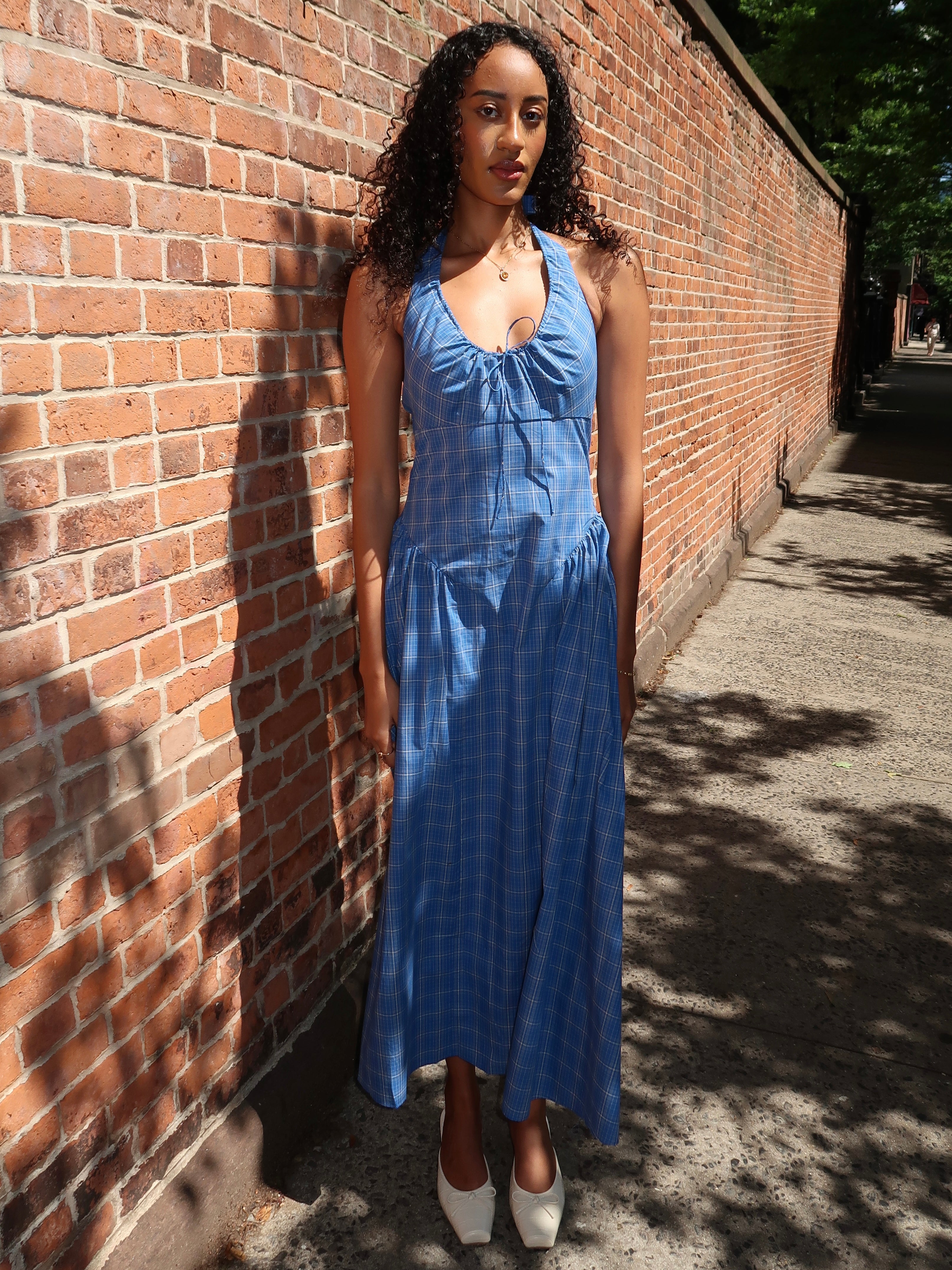 Del Ros Midi Dress in Flor Check Cobalt