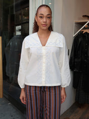 Cross Flower Embroidered Blouse in White