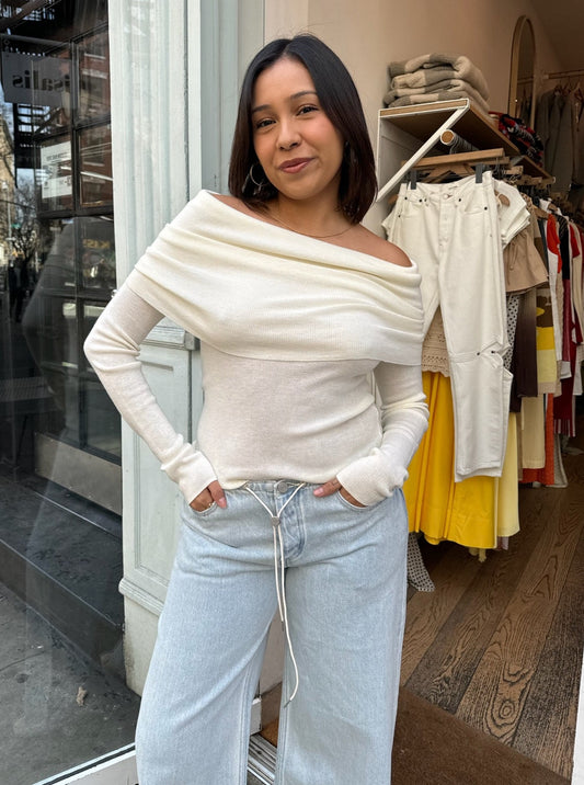 Grace Off-The-Shoulder Knit Sweater in Off White