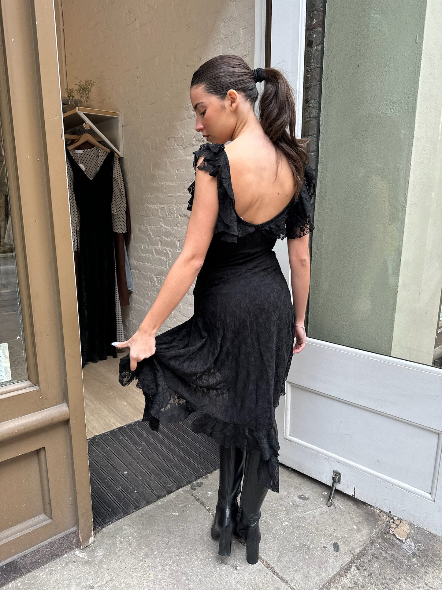 Jessica Ruffle Midi Dress in Black