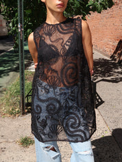 Embroidered Net Boxy Mini Dress in Black