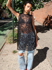 Embroidered Net Boxy Mini Dress in Black