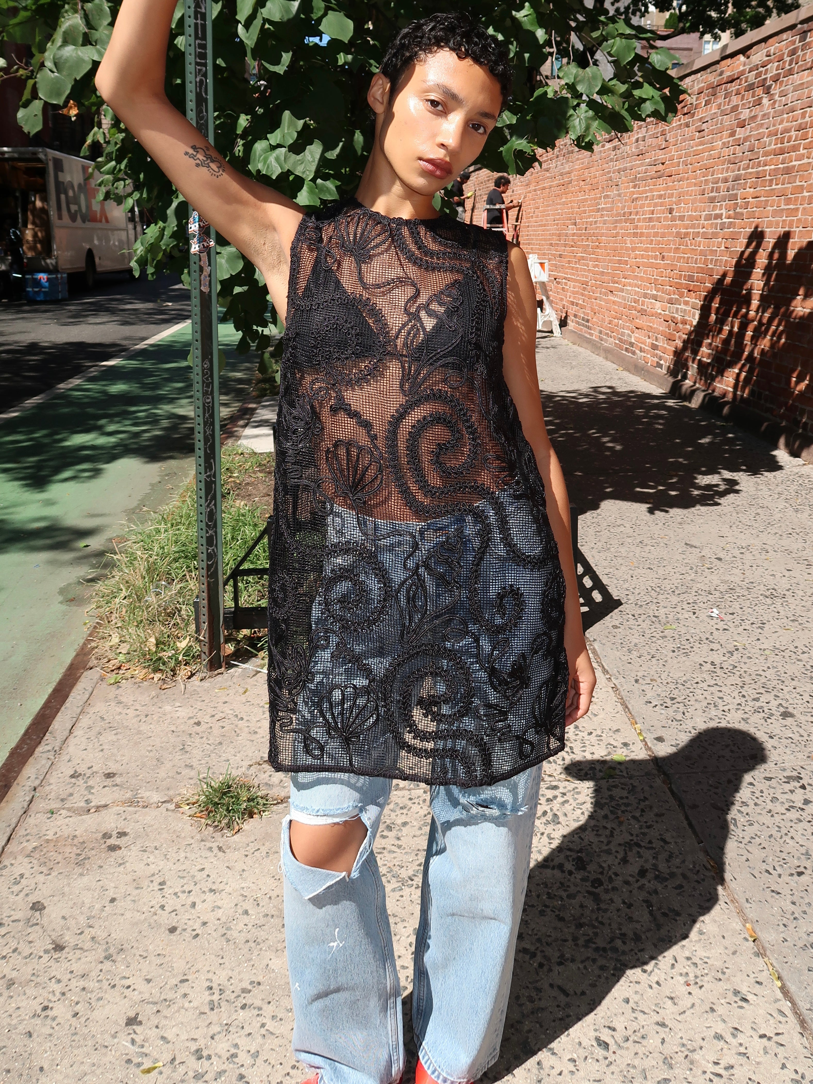 Embroidered Net Boxy Mini Dress in Black