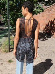 Embroidered Net Boxy Mini Dress in Black