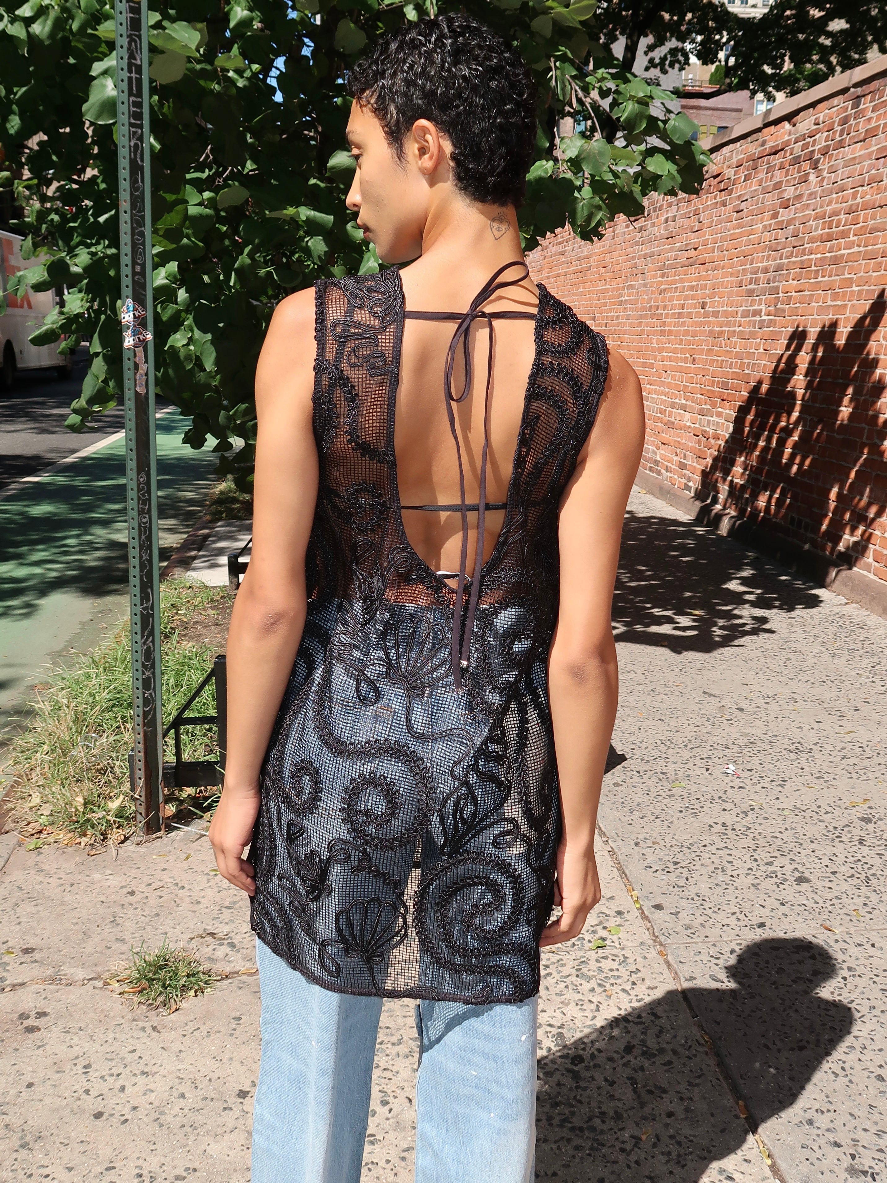Embroidered Net Boxy Mini Dress in Black