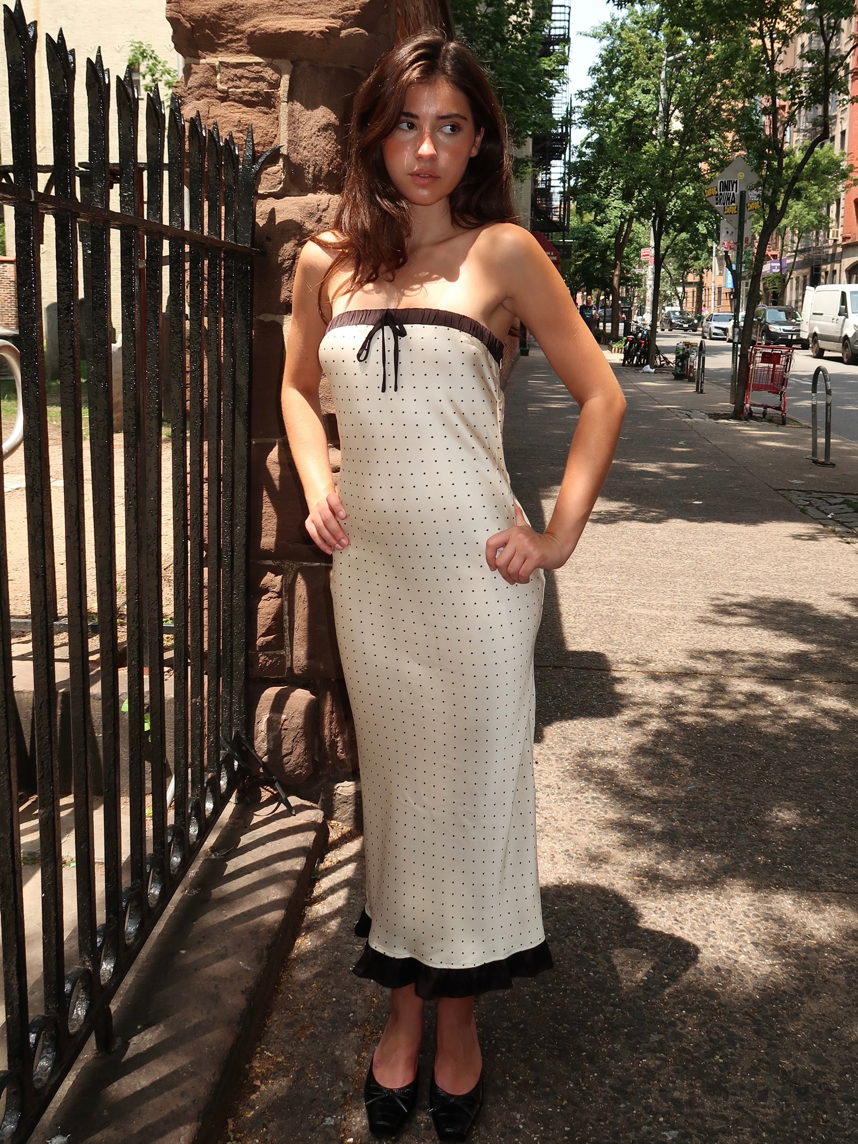 Lana Strapless Maxi Dress in Ivory Polka Dot Isalis Lana Strapless Maxi Dress in Ivory Polka Dot Isalis