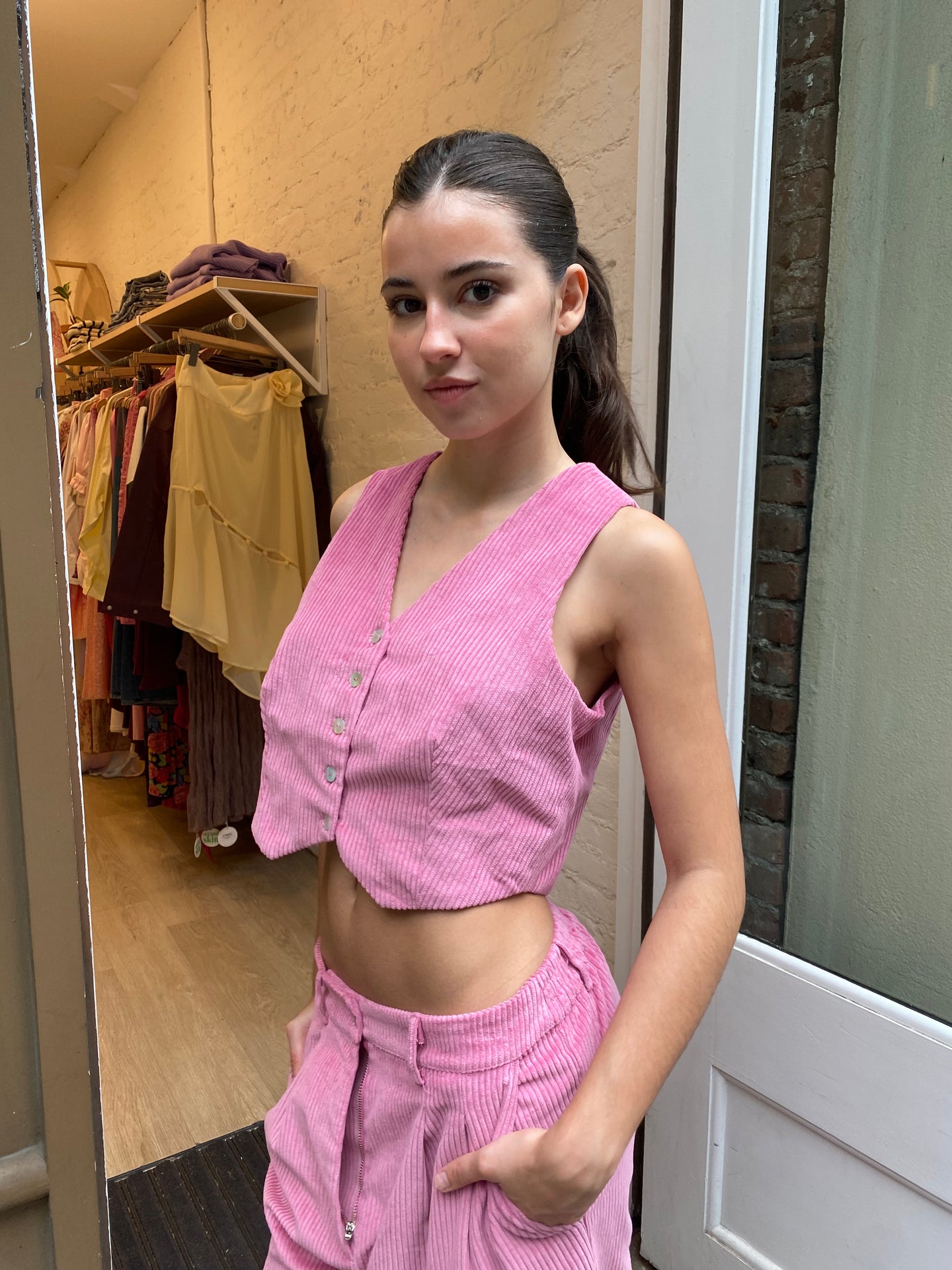 Cord Cropped Vest in Bonbon