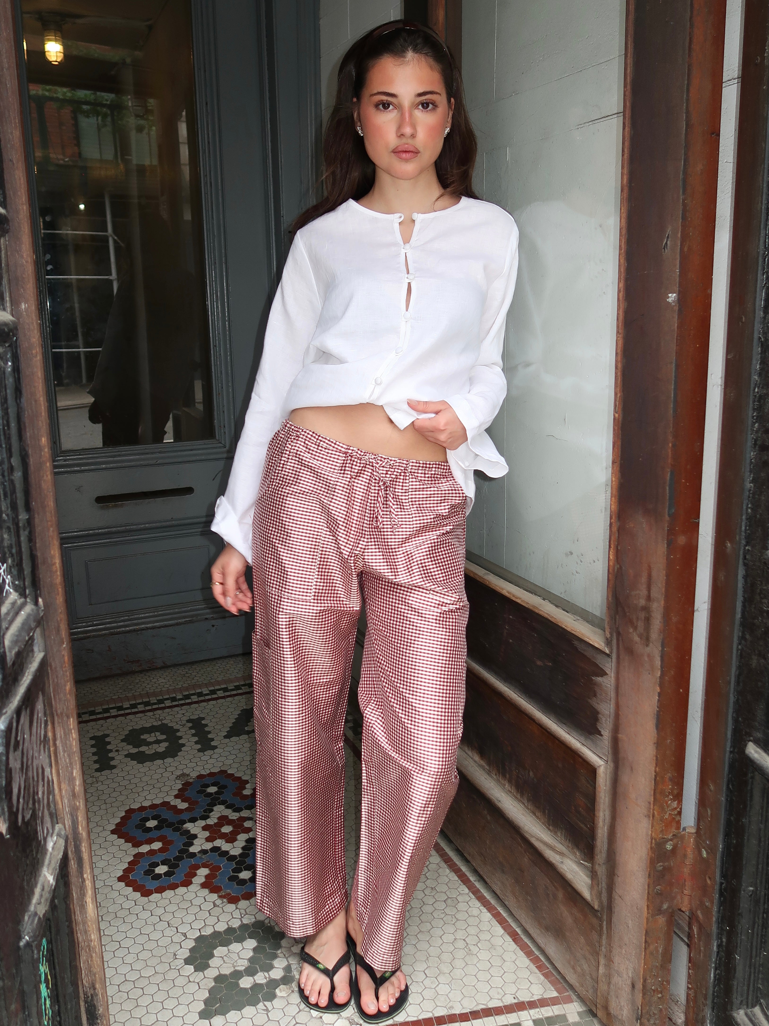 The Taffeta Gingham Drawstring Cargo Pant in Bell Pepper
