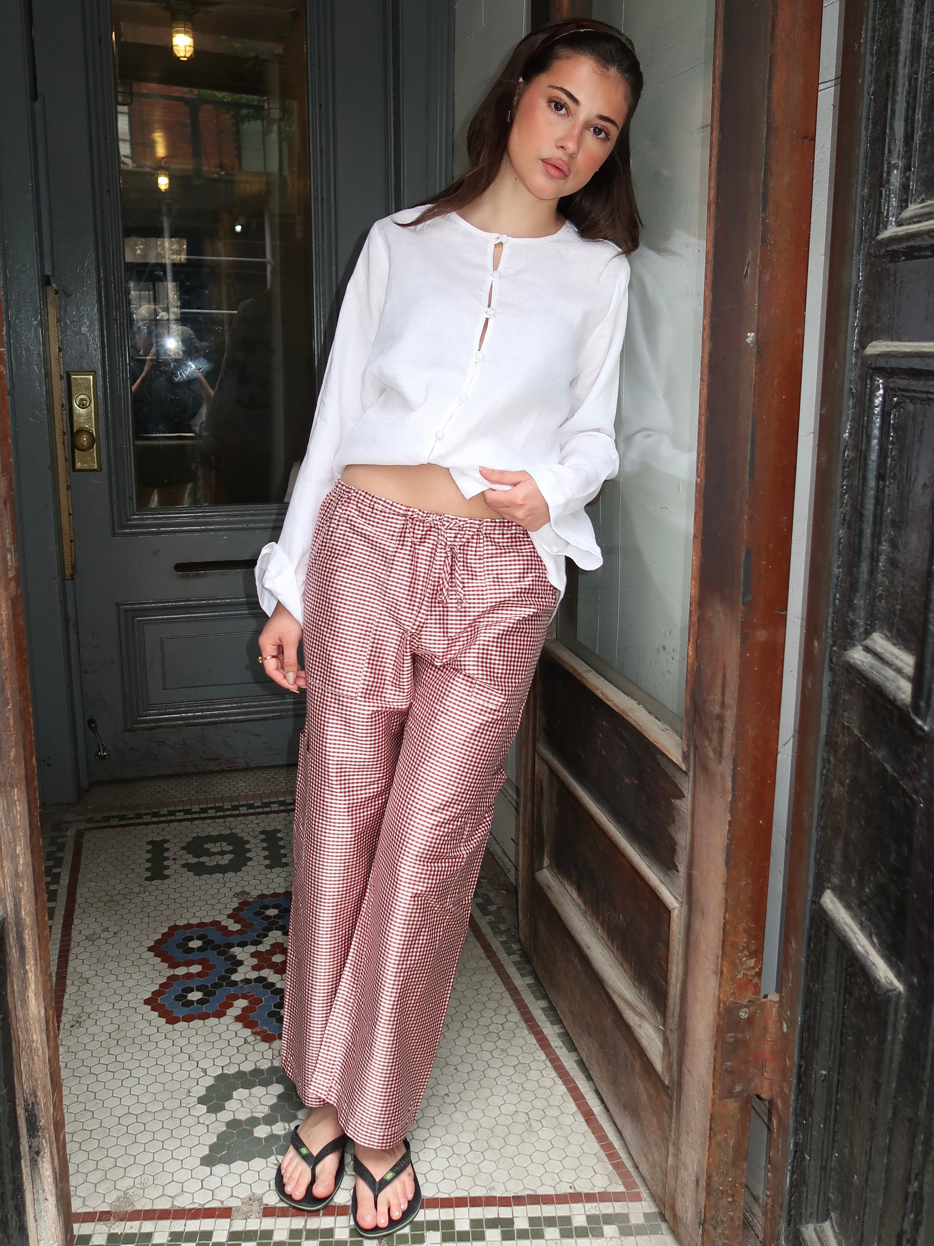 The Taffeta Gingham Drawstring Cargo Pant in Bell Pepper