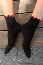 The Petite Ruffled Modal Socks in Black/Red