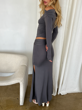 Load image into Gallery viewer, Eden Ruched Top &amp; Skirt Set in Charcoal
