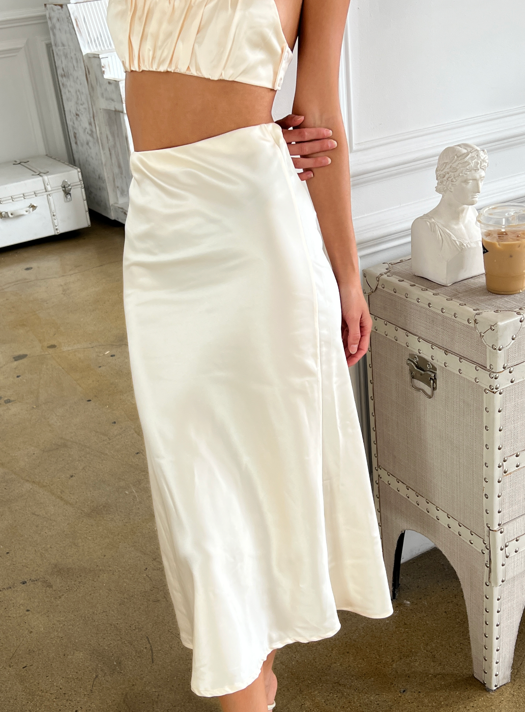 Ivory silk midi skirt deals