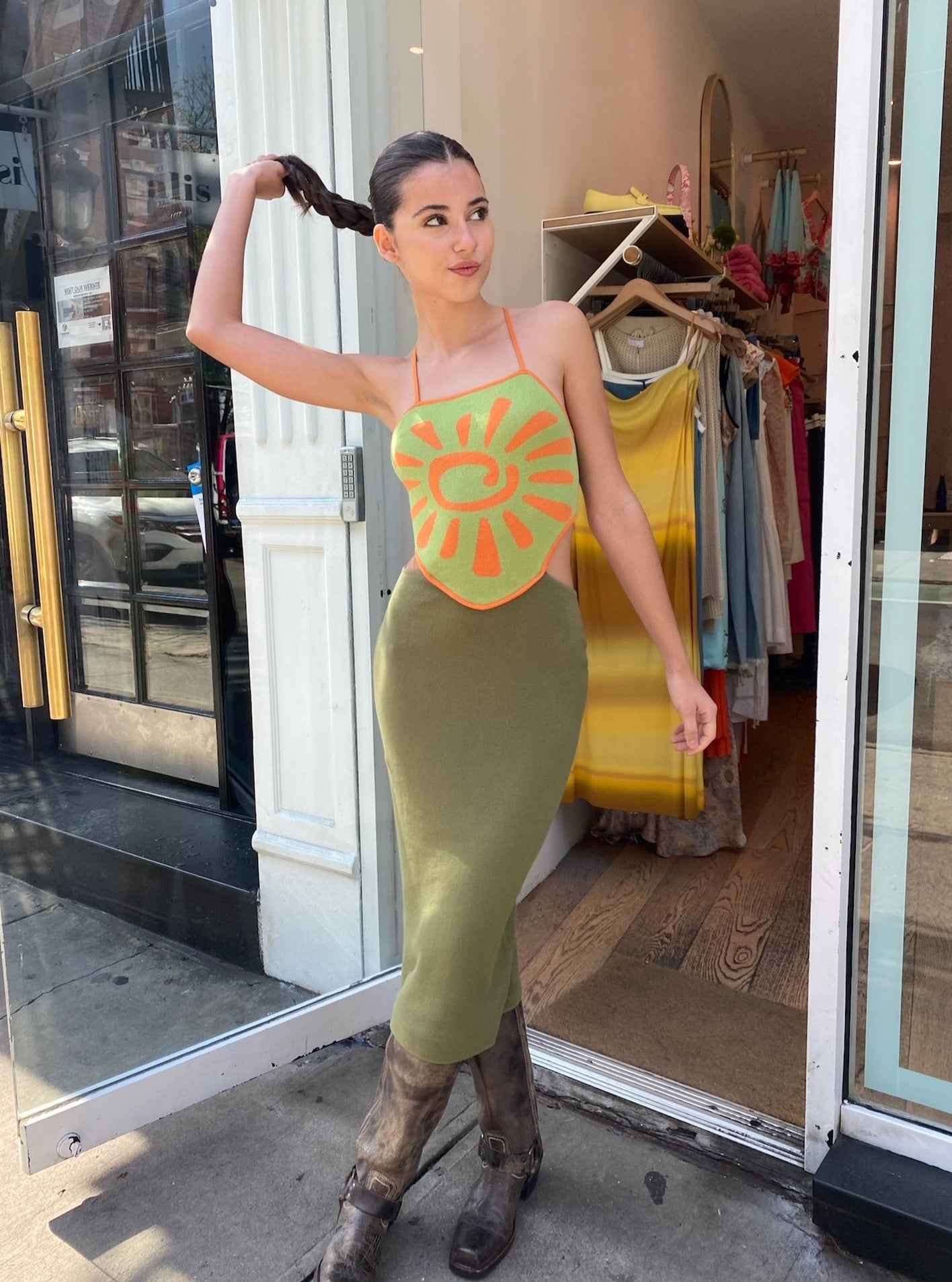 Sun Knit Midi Dress in Green/Lime