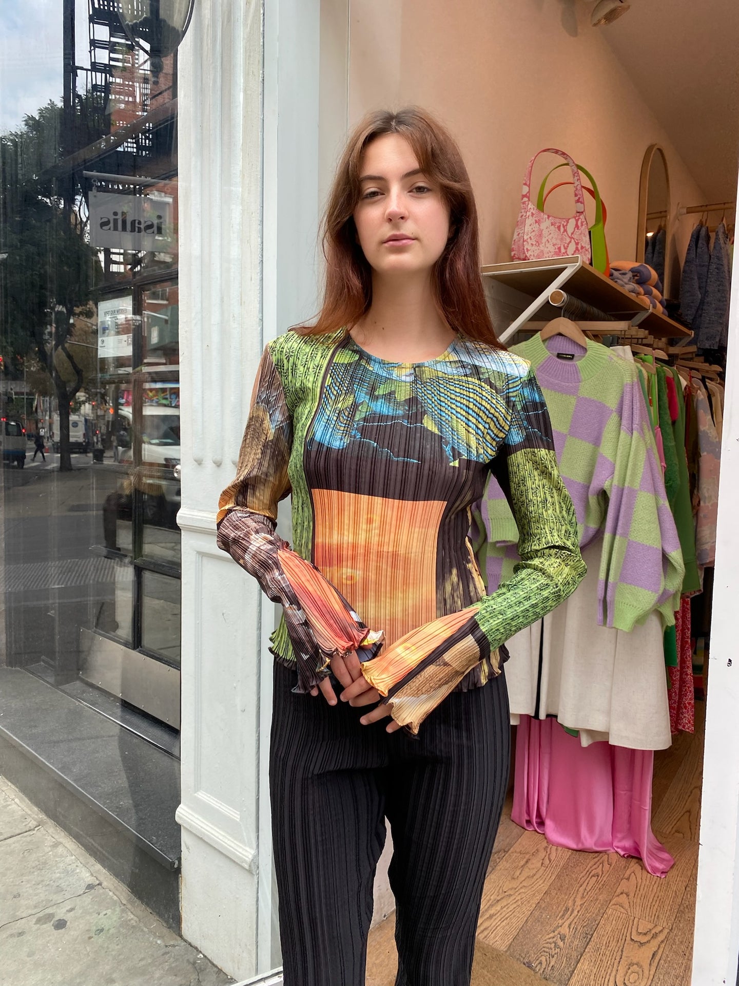 Box Pleat Long Sleeve Top in Fish Party