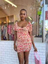 Load image into Gallery viewer, Rumi Ruched Mini Dress in Strawberry Garden
